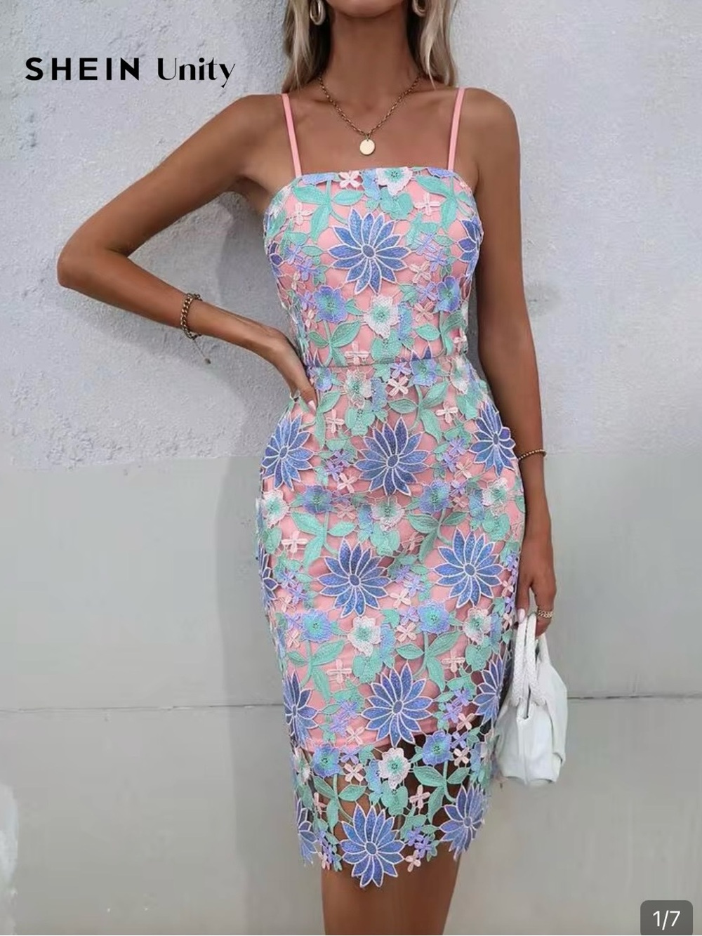 SHEIN Pink Floral Lace Midi Dress with Pastel Embroidery